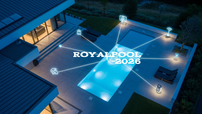 Ilustrasi sistem kontrol kolam renang pintar berbasis IoT dan kecerdasan buatan