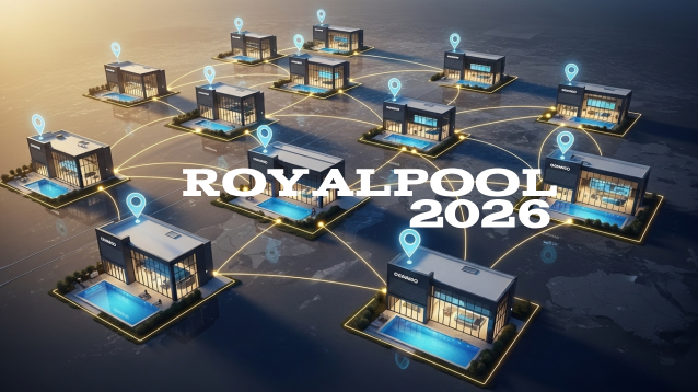 Infografis peluang bisnis kolam renang modern dengan model franchise dan sistem digital